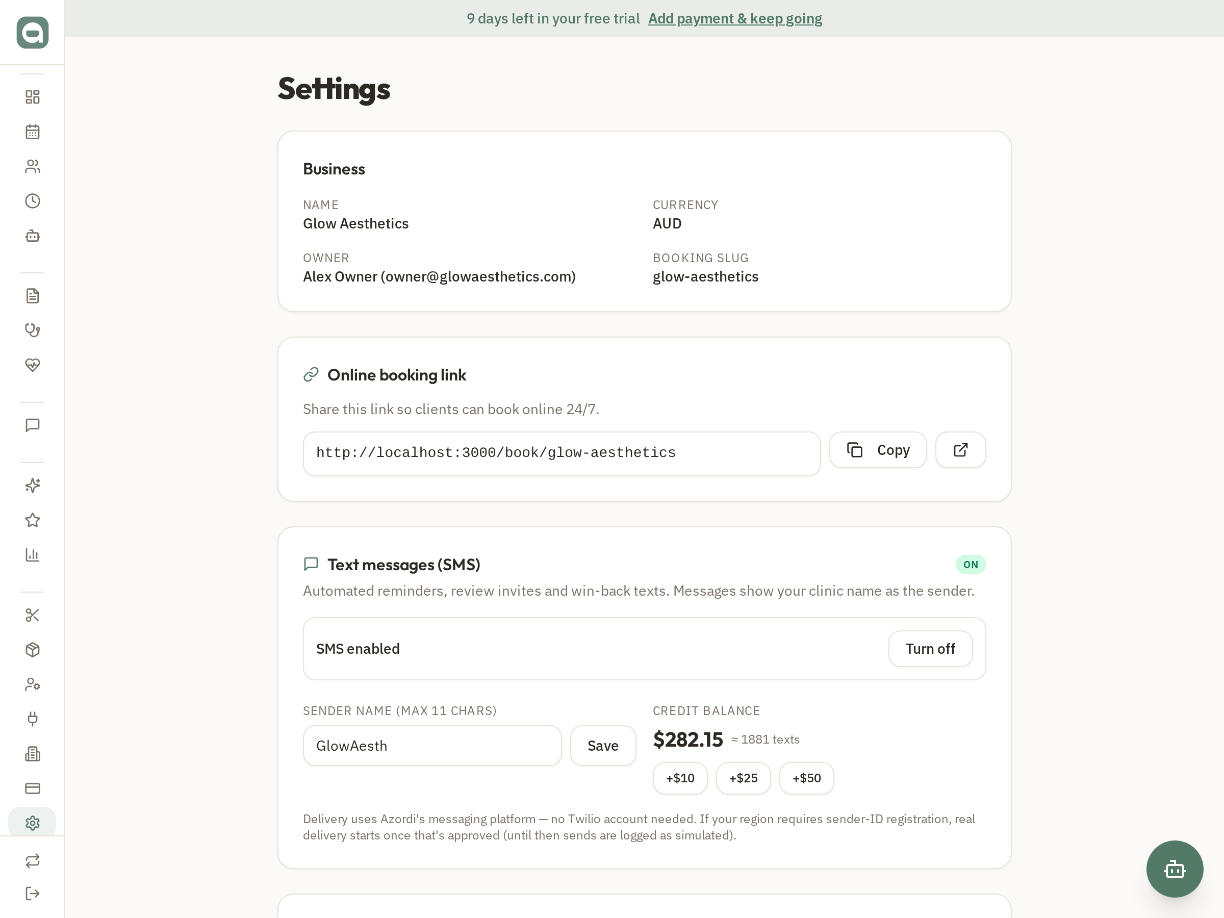 Settings → Online booking link: copy your public booking link — this is the page your tags track and the URL you register in Meta/Google.