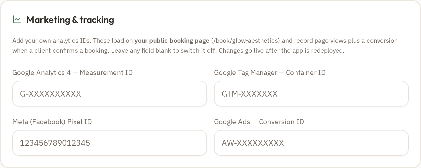 Marketing & tracking (Google & Meta Pixel) screenshot